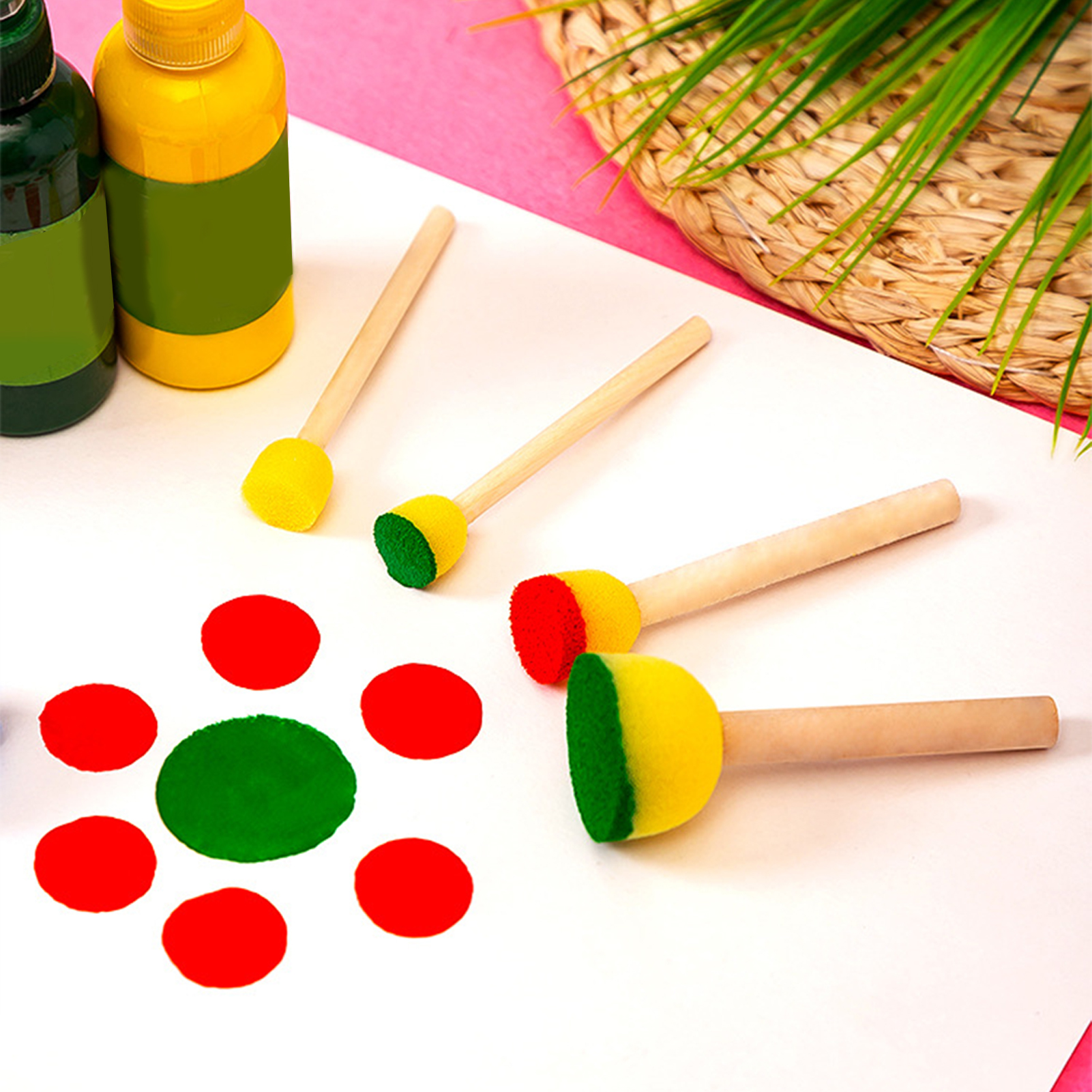 Art And Craft With Paint - 5pcs Round Stencil Sponge Wooden Handle