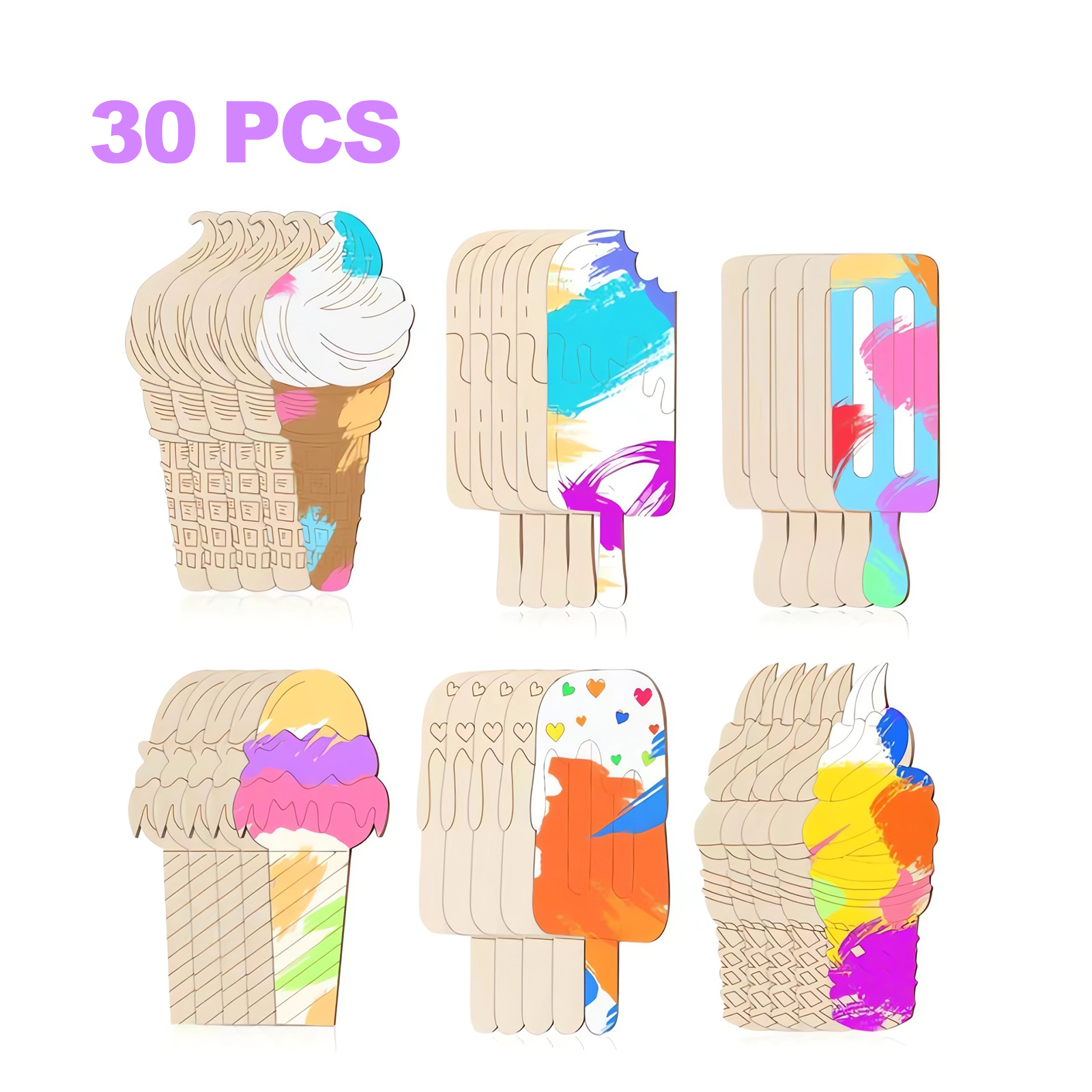 Art Craft Birthday Party - 6/30pcs Ice Cream Wood Cutouts Summer